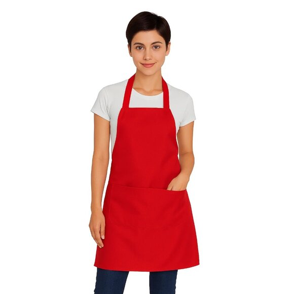 Red Adjustable Apron with Pockets – Unisex Polyester Apron for Cooking, Crafts, - Picture 2 of 7
